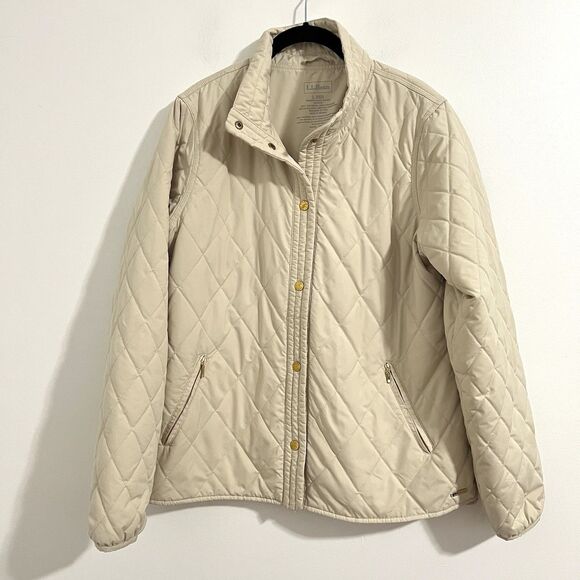 LL Bean Diamond Quilted Jacket Womens Large Ivory Snap Chore Classic Lightweight - Picture 1 of 8